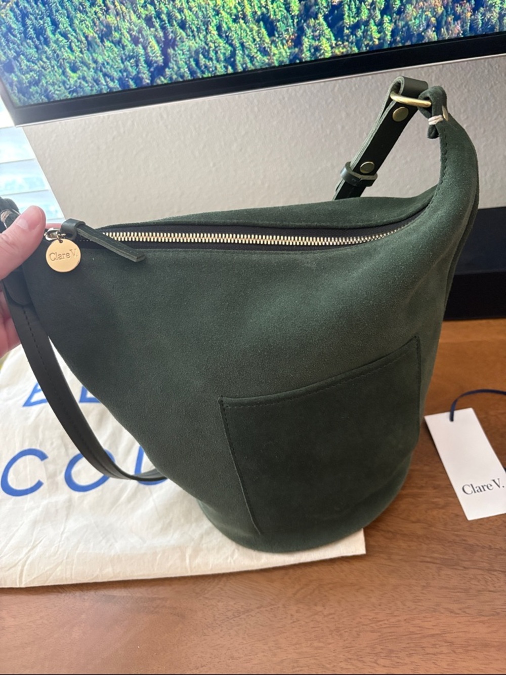 Clare V Petite Jeanne Bucket Bag in Green Suede NWOT - Picture 2 of 4